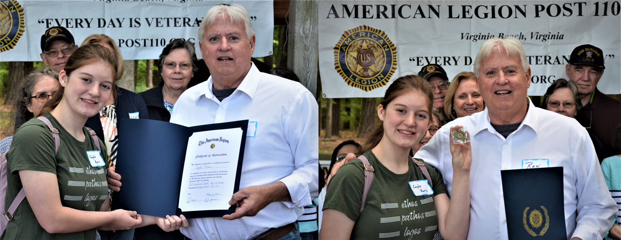 Staff Sergeant Robert C. Melberg, USA, American Legion Post 110 of Virginia Beach, VA awarded Caylee Norris with a Certificate of Appreciation and a American Legion coin for being the Post's winner of the 2023 Oratorical Contest.  Post Adjutant Ron Basso made the presentations during the annual picnic held at Red Wing Park in Virginia Beach, VA on March 6, 2023.  She also won the contest for the 2nd District of the Virginia Department.  Caylee is a home schooled sophomore and her parents are Colonel Vic and Cheri Norris of Norfolk, VA.  Since 1938, the American Legion Oratorical Contest has existed to develop a deeper knowledge and appreciation for the U.S. Constitution among high school students.  (Photography by Bert Wendell, Jr.)