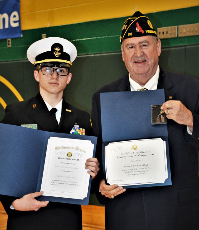 SSgt Robert C. Melberg, USA, American Legion Post 110 of Virginia Beach, VA presented American Legion NJROTC Excellence Awards to two cadets at Cox High School on March 16, 2023.  Presenting the awards was Post 110 Past Commander Fred Kinkin to Cadet Ensign Titus Royl for his 