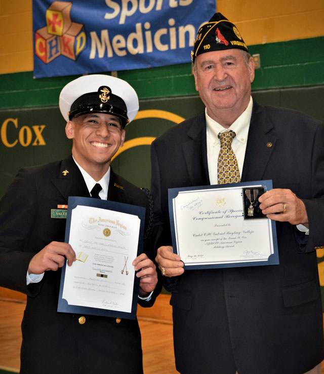SSgt Robert C. Melberg, USA, American Legion Post 110 of Virginia Beach, VA presented American Legion NJROTC Excellence Awards to two cadets at Cox High School on March 16, 2023.  Presenting the awards was Post 110 Past Commander Fred Kinkin to Cadet PO1 Tyrese Porter for his 