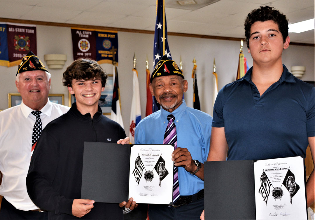 Two Catholic High School students received American Legion Certificates of Appreciation for their completion of the Virginia Boys State Program which was held on June 18-24 at Radford University in Roanoke, VA.  Making the presentations on July 26, 2023 to Samuel J. Averill and Nicholas Lemma were Ron Basso, Commander of Staff Sergeant Robert C. Melberg, U.S. Army, American Legion Post 110 and Wendell Parker, Post 110's Boys State Coordinator.  In the photo left to right are Ron Basso, Samuel J. Averill, Wendell Parker and Nicholas Lemma.  (Photography by Bert Wendell, Jr.)
