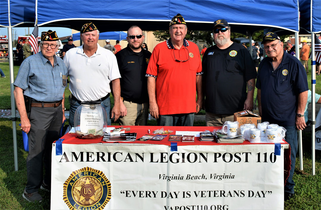 The Staff Sargeant Robert C. Melberg, U.S. Army, American Legion Post 110 participated in the 'National Night Out Program' which was held on August 1, 2023 (4:30-6:30PM) at Fort Story in Virginia Beach,VA.  The event was sponsored by the Police Department of the Joint Expeditionary Base Little Creek and Fort Story.  The 'National Night Out Program' is a nationally held event who's goal is to enhance the relationship between neighbors and law enforcement while bringing back a true sense of community.  In the photo (left to right) are Bert Wendell, Jr., Historian; Ron Basso, Commander; Eric Bell, Service Officer and base police Captain; Fred Kinkin, Adjutant; Rick Jones, Past Commander; and Bob Russell, Finance Officer.  (Photography by Woody Wendell)