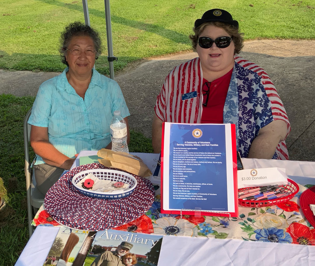 Auxiliary Unit 110 of the Staff Sargeant Robert C. Melberg, U.S. Army, American Legion Post 110 of Virginia Beach, VA participated in the 'National Night Out Program' which was held at Fort Story on August 1, 2023 from 4:30-6:30pm.  'National Night Out' is an annual event that enhances the relationship between neighbors and law enforcement while bringing back a true sense of community. Staffing the booth was Jesse Basso (left) and Unit President Tonya Jones (right).  (Photo courtesy of Tonya Jones)