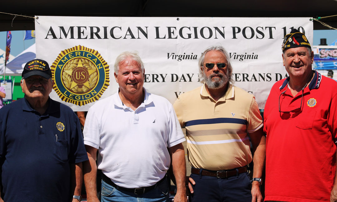 Legionnaires from the SSgt Robert C. Melberg, U.S. Army, American Legion Post 110 held a membership drive and provided formation on the American Legion to attendees of the NAS Oceana Air Show on September 16, 2023 in Virginia Beach, VA.  In the photo left to right are Bob Russell, Post Finance Officer; Ron Basso, Post Commander; Tim Richardt; and Fred Kinkin, Post Adjutant.  (Photography by Woody Wendell)