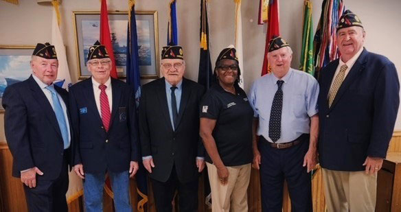 The SSgt Robert C. Melberg, USA, American Legion Post 110 of Virginia Beach, VA held its 'Swearing in Ceremony' on June 26, 2024.  The 2024-2025 officers were sworn in by Virginia 2nd District Commander Alice Cooper.  In the photo are (left to right) Sergeant at Arms Joe Mahachek, Chaplain Dave Smith, Finance Officer Bob Russell, Virginia 2nd District Commander Alice Cooper, Commander Ron Basso and Adjutant Fred Kinkin.  Absent from photo are Sergeant at Arms Mark McMillan, Service Officers Shawn Clark and Eric Bell, 1st Vice Commander Johvanny Torres, and Historian Bert Wendell, Jr.  (Photography by Debbie Castrinos) 