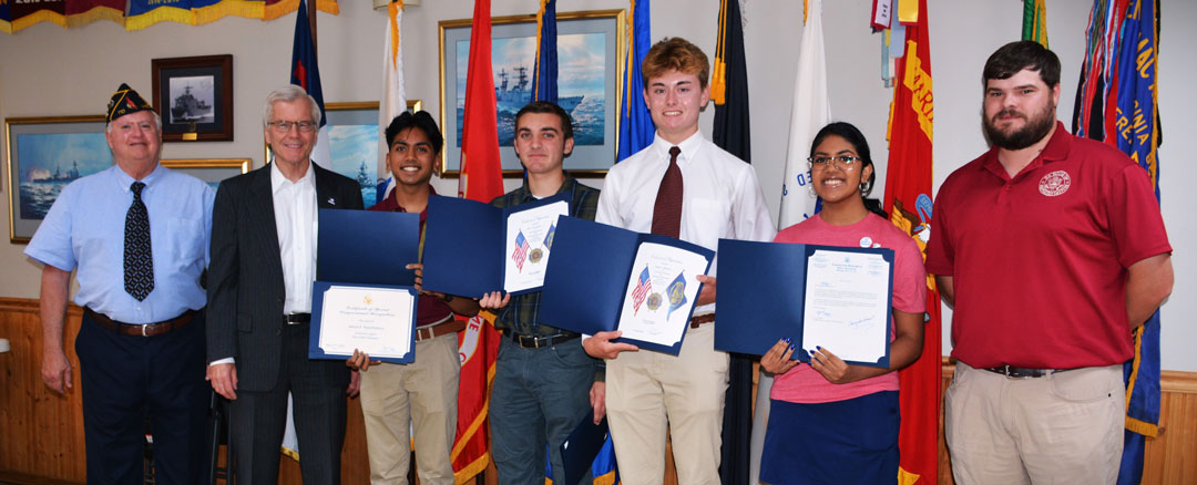 During the July 24, 2024 meeting of the SSgt Robert C. Melberg, USA, American Legion Post 110 of  Virginia Beach, VA certificates and medals were presented to those individuals that attended the 2024 Virginia Boys and Girls State Programs.  All four attendees are students from Catholic High School.  Each attendee was given an American Legion Certificate and medal which was presented by Post Commander Ron Basso.  They also received a Congressional Certificate and Letter of Appreciation from Congresswoman Jen Kiggans, Virginia 2nd District, which was presented by Tyler Edmonds, Kiggan's District Chief of Staff.  In the photo (left to right) are Commander Ron Basso, Former Virginia Governor Robert 'Bob' McDonnell, Aarya Rajashekara, Roy Fulmer, Nolan Greene, Deeya Rajashekara (Girls State), and Tyler Edmonds.  (Photography by Bert Wendell, Jr.)