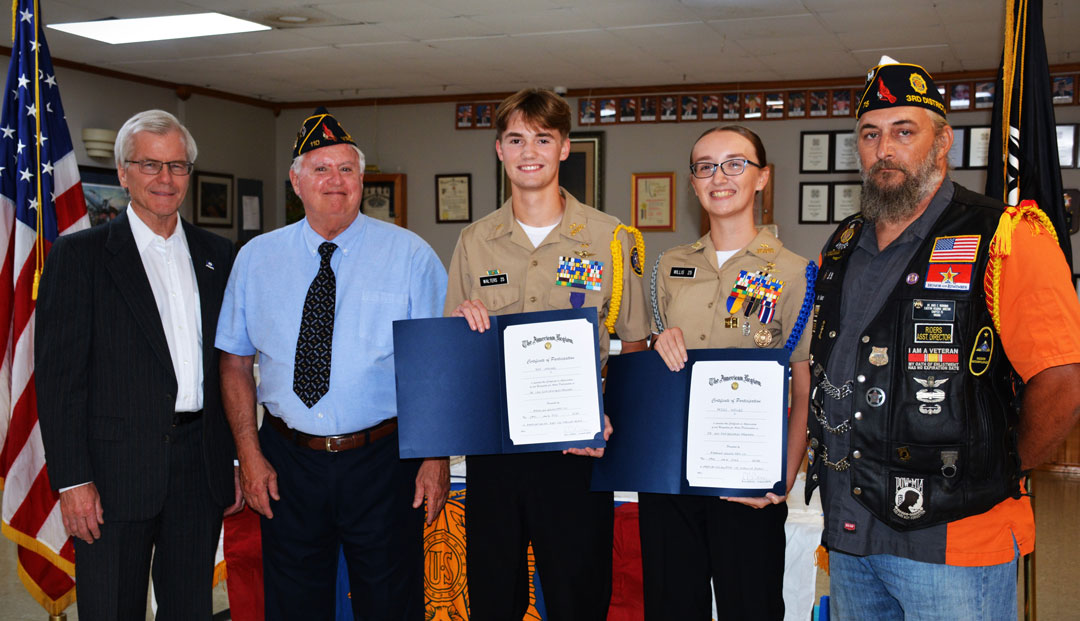 Virginia State Police Junior Law Enforcement Program graduates Ian Walters and Paige Willis were awarded with American Legion Certificates during the July 24, 2024 meeting of the SSgt Robert C. Melberg, USA, American Legion Post 110 in Virginia Beach, VA.  Walters and Willis are both students and NJROTC Cadets at Gloucester High School in Gloucester, VA.  Making the presentations was Post Commander Ron Basso.  In the photo (left to right) are Former Virginia Governor Robert 