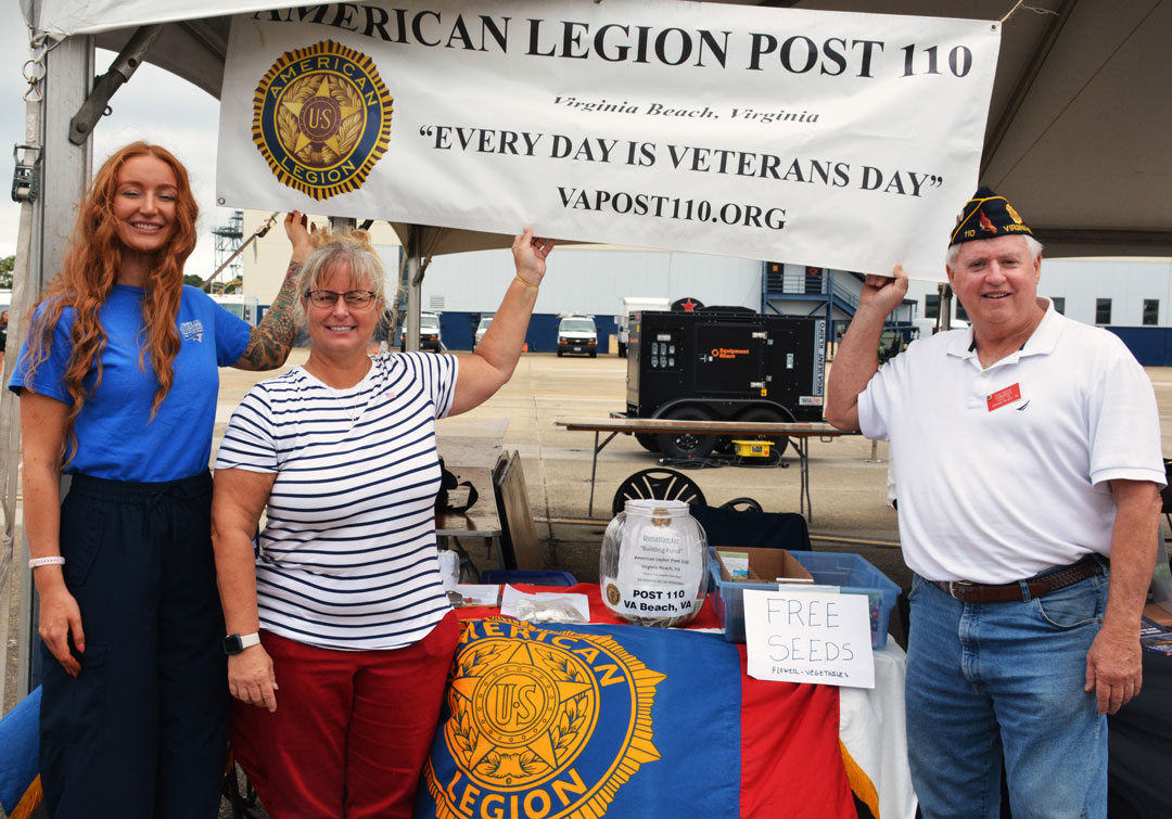 The SSgt Robert C. Melberg, U.S. Army, American Legion Post 110 had a table at the NAS Oceana Air Show on September 21-22, 2024 in VA Beach, VA.  Legionnaires talked with air show attendees about the American Legion and its activities to support military veterans.  Those interested in becoming members of the American Legion were given applications.  Packets of 'free' garden seeds were made available.  In the photo (left to right) are Emily Wolf, Rachel Brody, and Post 110 Commander Ron Basso.  Those volunteering but not pictured were Bob Russell, Deb Castrinos and Dave Smith.  (Photography by Bert Wendell, Jr.) 