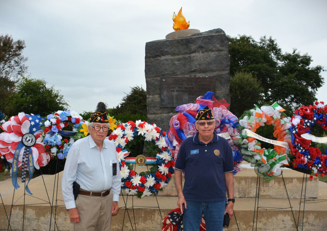 In remembrance of our Nation's POW/MIA military personnel, a ceremony was held at the 'Flame of Hope Memorial' in Virginia Beach, VA on September 24, 2024.  Legionnaires from the SSgt Robert C. Melberg, U.S. Army, American Legion Post 110 laid a wreath during the ceremony.  In the photo (left to right) are Post Historian Bert Wendell, Jr. and Post Chaplain Dave Smith.  (Photography by Woody Wendell)