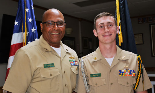 Landstown and Cox/First Colonial High School's NJROTC Units gave presentations to members of the SSgt Robert C. Melberg, U.S. Army, American Legion Post 110 of Virginia Beach, VA on August 28 and September 25, 2024, respectfully.  Each unit's representatives talked about their backgrounds, achievements and future goals.  Depicted are (left to right) Lt. Tyrone Guzman, USN (Retired) and Cadet Brodie Rapine.  (Photography by Bert Wendell, Jr.)