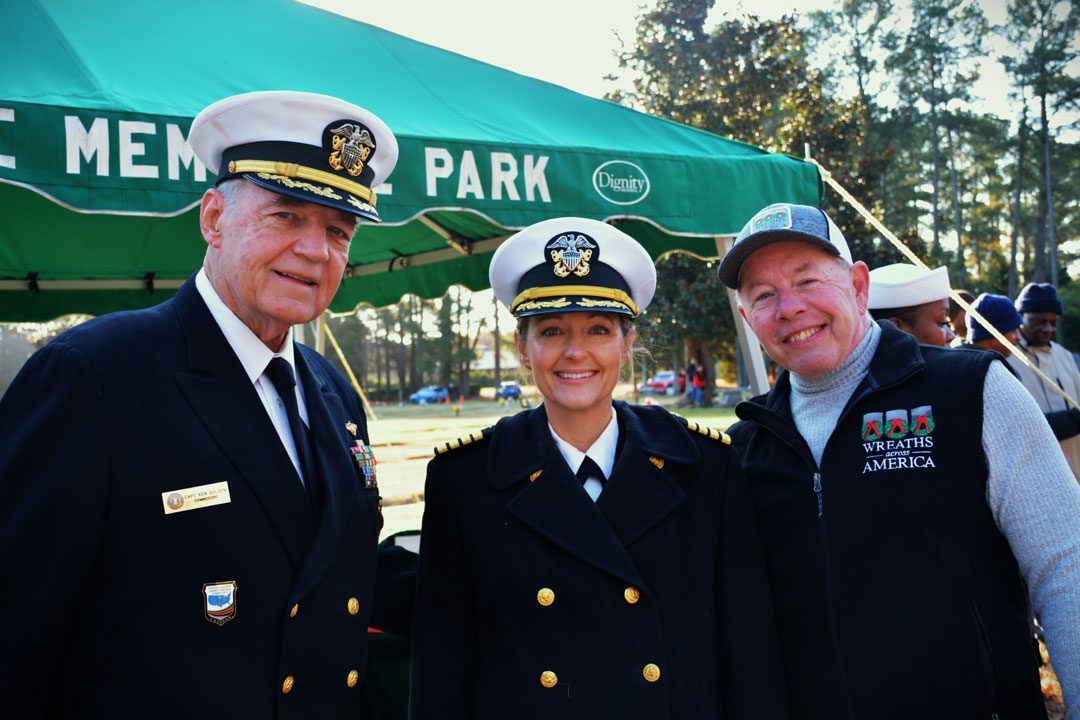 Also present for the laying on of Wreaths, (L to R) were Captains Ken and Tara Golden, USN along with Post 110 member and event organizer Joseph Mahachek.  Photography courtesy of Bert Wendell, Jr.)