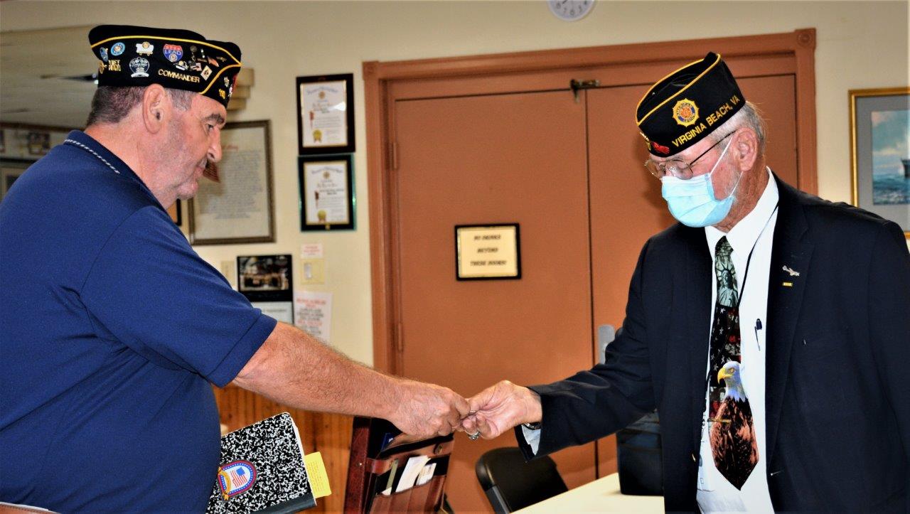 At the August 26, 2020 meeting of American                              Legion Post 110, Fred Kinkin (l), Post 110                              Adjutant, recognizes George Schmidt (r), Post                              Chaplain, for his volunteer service of 446 hours                              and 1,326 miles driven during July 2019-June                              2020. (Photography by Bert Wendell, Jr.)