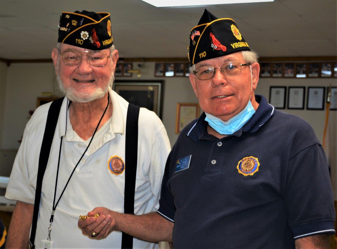 American Legion Post 110 Chaplain George                              Schmidt (left) presented a Chaplain's Hat Pin to                              David Smith (right) at the Post's September 23,                              2020 meeting in Virginia Beach, VA. (Photography                              by Bert Wendell, Jr.)