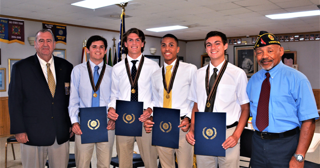 American Legion Post 110 of Virginia Beach, VA                              honored four 2021 Boys State Graduates at a                              ceremony held on July 28, 2021. All four                              graduates, who are students at Catholic High                              School, were awarded the American Legion Boys                              State Medal and Certificate. In Virginia the Boys                              State Program was held at Radford University                              (June 20-26). Presenting the awards were Fred                              Kinkin, Adjutant for American Legion Post 110 and                              Wendell Parker, Post 110 Boys State Coordinator.                              In the photo (left to right) are Fred Kinkin,                              Jacob Averill, Ian Dooley, Lawrence Maclin,                              Daniel Musselman, and Wendell Parker.                              (Photography by Bert Wendell, Jr.)