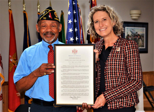 Wendell E. Parker (left), American Legion Post 110's Boys State Coordinator, was honored with a Virginia Senate Resolution No. 30 on July 27, 2022 in Virginia Beach, VA.  Virginia Senator Jen Kiggans (right), who is also a member of Post 110, read and presented the Resolution to Legionnaire Parker.  The Resolution read in part that 
