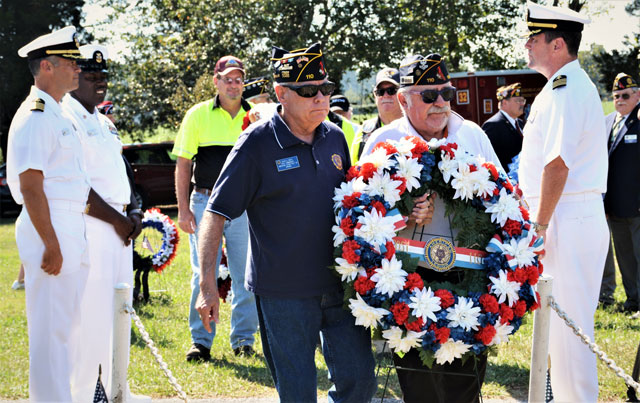 American Legion Post 110 legionnaires laid a memorial wreath during the POW/MIA Remembrance Ceremony held at the Flame of Hope Memorial, NAS Oceana, VA Beach, VA on September 22, 2022. Laying the wreath was Chaplain Dave Smith and Sgt at Arms Jeff Kocab.  (Photograph Courtesy of Bert Wendell, Jr.)