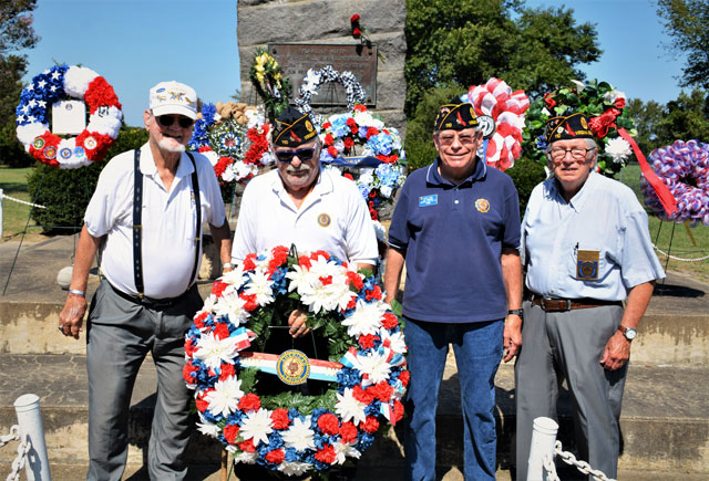 American Legion Post 110 legionnaires laid a memorial wreath during the POW/MIA Remembrance Ceremony held at the Flame of Hope Memorial, NAS Oceana, VA Beach, VA on September 22, 2022. In the group photo (l to r) are Legionnaires George Schmidt, Jebb Kocab, Dave Smith and Bert Wendell, Jr. (Photograph Courtesy of Bert Wendell, Jr.)