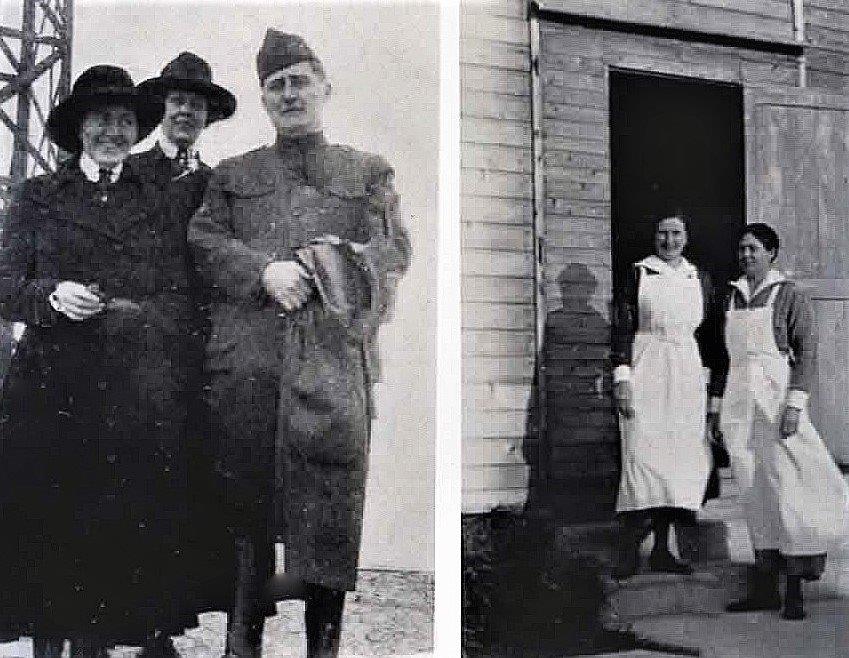Nurse Mary B. Waldron (center in left photo and                              right in the right photo) in France during World                              War I (circa: 1918-1919). (Photographs courtesy                              of Walter B. Wilson)